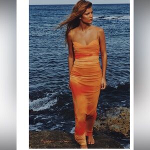 Zara Draped Printed Tulle Dress color Orange size M